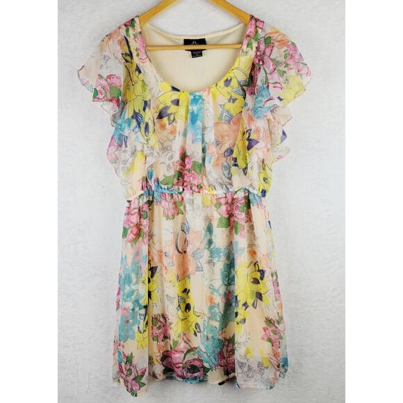 Angie Dresses & Skirts - Whimsical L Midi Sun Dress Fairycore Romantic Colorful Floral Ruffle Sleeveless